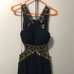 Betsy & Adam Navy Blue Open Back Prom Dress
